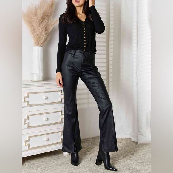 Kancan Slit Leg Faux Leather Flare Leg Pants NWT 28 - Picture 2 of 12